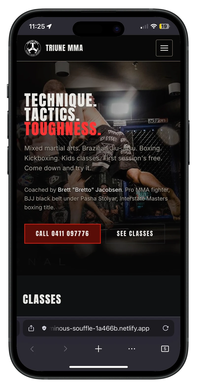 Triune MMA homepage on mobile